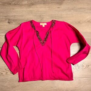 MICHAEL KORS Pink Beaded V Neck‎ Tassel Tunic Top Blouse Womens Small S